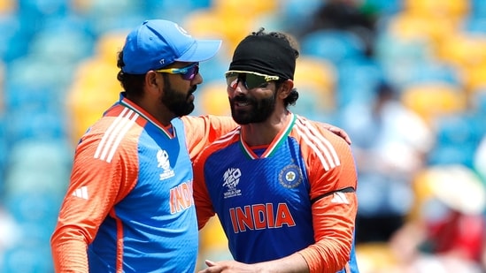 India's Rohit Sharma (c) and Ravindra Jadeja during the ICC Mens T20 World Cup 2024(Surjeet Yadav)