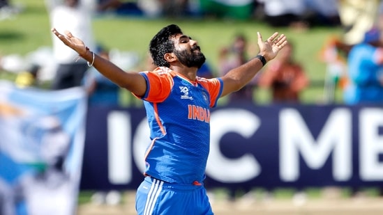 India's Jasprit Bumrah celebrates a wicket during the semi-final match against England in the ICC Mens T20 World Cup 2024(Surjeet Yadav)