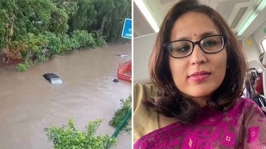 The image on the left shows a flooded Delhi, and the one on the right captures Radhika Gupta in the metro. (X/@iRadhikaGupta)