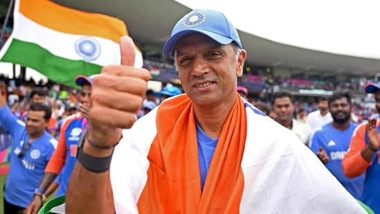 India's head coach Rahul Dravid after Team India wins the ICC Mens T20 World Cup 2024 final.(ICC - X )