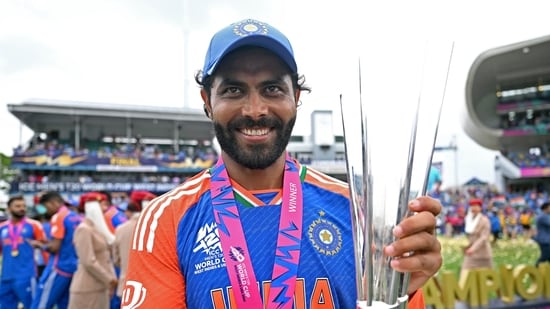 India's Ravindra Jadeja poses for a picture with the trophy after Team India wins the ICC Mens T20 World Cup 2024 final(BCCI-X)