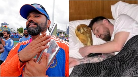 Rohit Sharma posted a morning selfie with the T20 World Cup beside his bed.(File/X)