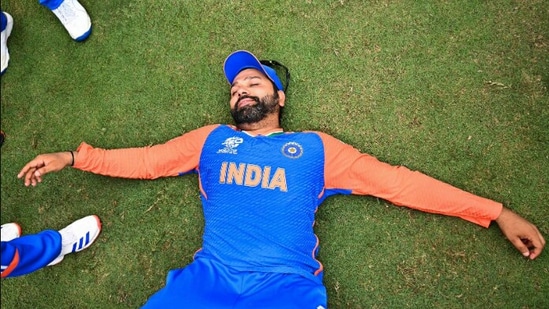 Rohit Sharma basks in the moment India won the T20 World Cup on Saturday.(X/Rohit Sharma)