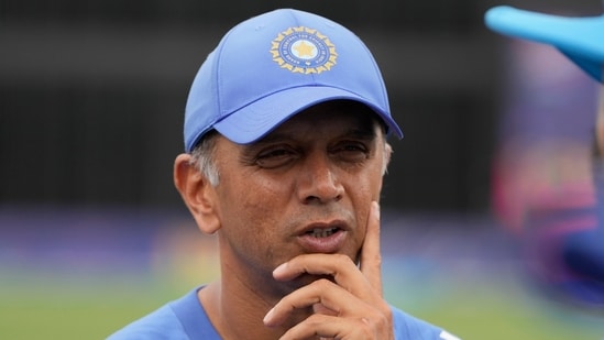 India's head coach Rahul Dravid waits at the presentation ceremony after defeating South Africa in the ICC Men's T20 World Cup final cricket match at Kensington Oval in Bridgetown(PTI)