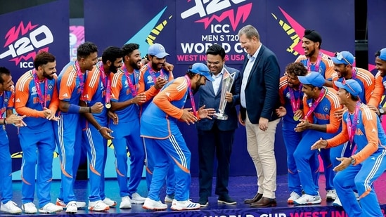 India's captain Rohit Sharma recreates Lionel Messi's iconic celebration as he arrives to receive the ICC Mens T20 World Cup 2024 trophy from BCCI Secretary Jay Shah, at Kensington Oval in Barbados on Saturday(BCCI-X)