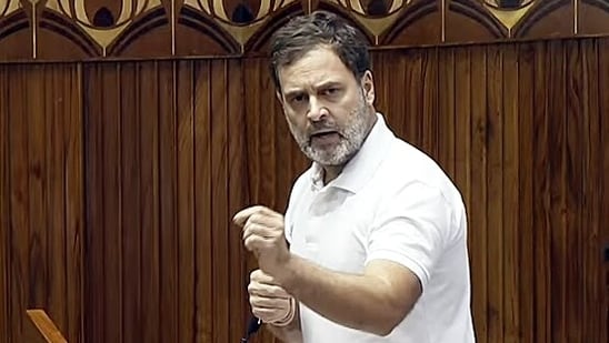 Leader of Opposition in the Lok Sabha Rahul Gandhi speaks in the House during the ongoing Parliament session in New Delhi on Monday.(ANI)