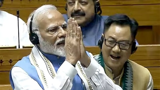 Prime Minister Narendra Modi in the Lok Sabha during Parliament session, in New Delhi on Tuesday. (ANI Photo/Sansad TV)