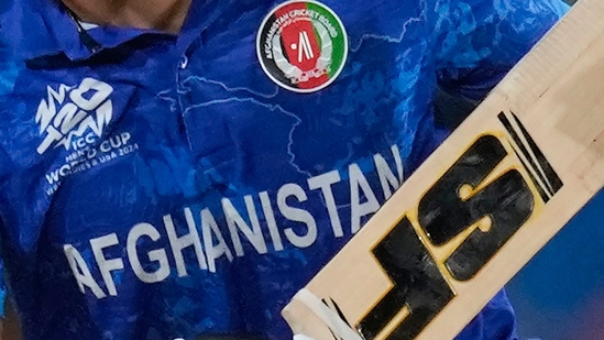 Afghanistan team logo is seen on a player's uniform during the men's T20 World Cup cricket match between Afghanistan and Bangladesh (AP)