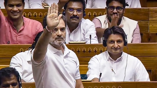 Lok Sabha LoP Rahul Gandhi speaks in the House during the ongoing Parliament session in New Delhi on July 1, 2024.(PTI)