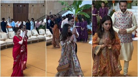 The entire Ambani family, including Mukesh Ambani, Nita Ambani, Akash Ambani, Shloka Ambani, Isha Ambani and Anand Piramal, attended the mass wedding programme on Tuesday.(Instagram/@manav.manglani)