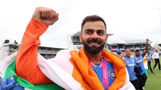 India's Virat Kohli celebrates after winning the T20 World Cup.(REUTERS)