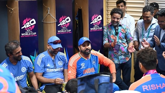 India's captain Rohit Sharma in talk with team members after the team's victory (BCCI-X)