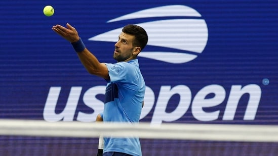 Novak Djokovic (SRB) serves against Laslo Djere (SRB)(not pictured) in a men's singles match on day three of the U.S. Open(USA TODAY Sports via Reuters Con)