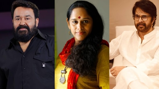 Mohanlal (L), Sajitha Madathil (Centre), Mammootty (R)