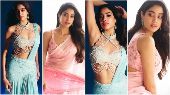 Janhvi Kapoor is here to steal hearts in her breathtaking ‘apsara avatar.’ As she promotes her upcoming movie, Devara: Part 1, her glamorous ethnic outfits are creating a buzz on social media. From blush pink saree to an ice blue beaded drape, her looks are all about elegance. Let's decode her latest looks and take some fashion notes.(Instagram/@janhvikapoor)