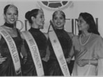 Actor Tanuja with the Femina Miss India 1996 sub contests winners Miss Beautiful Legs Jacquelyn Varghese, Miss Congeniality Shonali Rosario and Miss Catwalk Sheetal Pai. She crowned the winners in New Delhi.