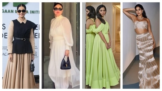 Get ready for today’s roundup of best-dressed celebs who stood out with their stunning styles. Take inspiration for beautiful daywear outfits from Sonam Kapoor's unique fusion dress, and Kareena Kapoor's billowy white outfit. And for evening glam, let Isha Ambani's princess look and Janhvi Kapoor's shimmery outfit be your OOTD inspiration.(Instagram)