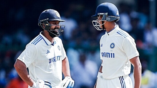 India's captain Rohit Sharma and Yashasvi Jaiswal celebrate their partnership during Day 4 of the second test match against Bangladesh
