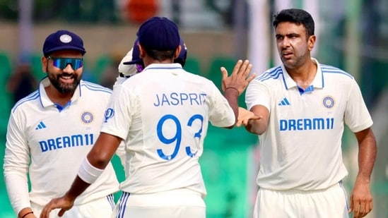 India's captain Rohit Sharma and teammates celebrates a dismissal of Bangladesh during Day 5 of the second test match