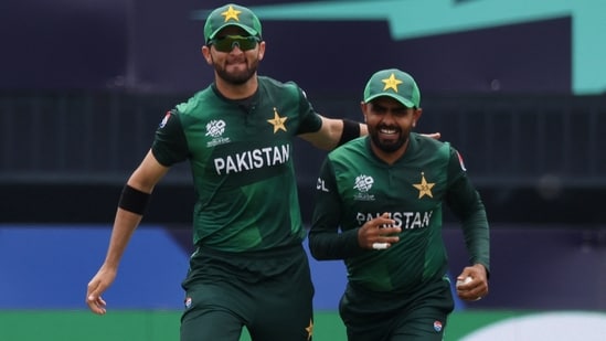 Pakistan's Babar Azam celebrates with Shaheen Shah Afridi during T20 World Cup 2024