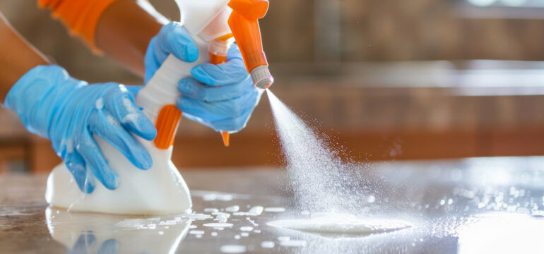 Close-up of housekeeper's hands spraying cleaning solution on a surface to get rid of pathogens in the home.