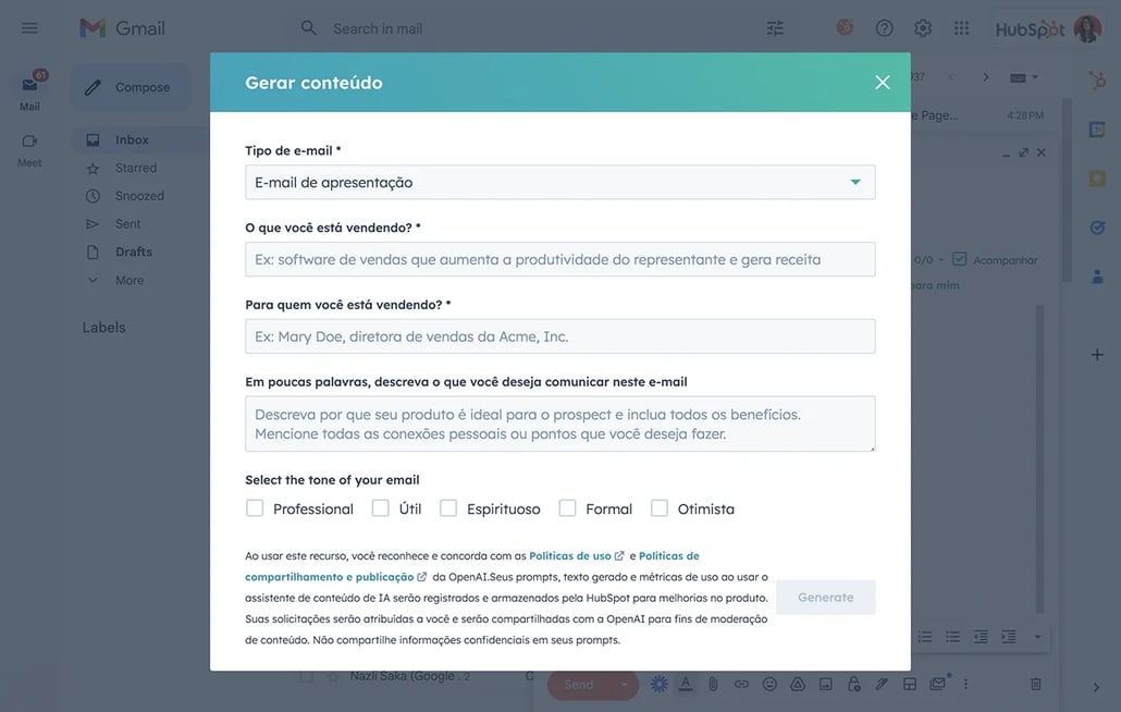 redator de e-mail com IA da HubSpot rascunha um e-mail 