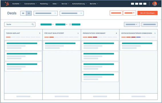 Die HubSpot-Benutzeroberfläche zeigt die Dealpipeline eines Nutzenden