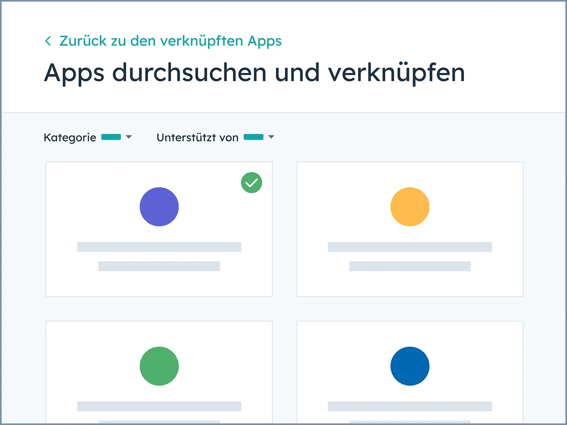 Screenshots von verfügbaren Apps wie Zapier, Google Search Console und Google Kalender im HubSpot App Marketplace