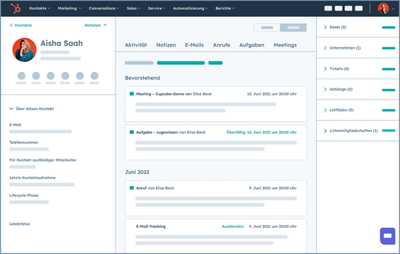 Die HubSpot-Benutzeroberfläche zeigt einen Kontaktdatensatz, einschließlich der Aktivitätszeitachse, Kontaktdetails, Optionen für Anrufe, E-Mails usw. und mehr.