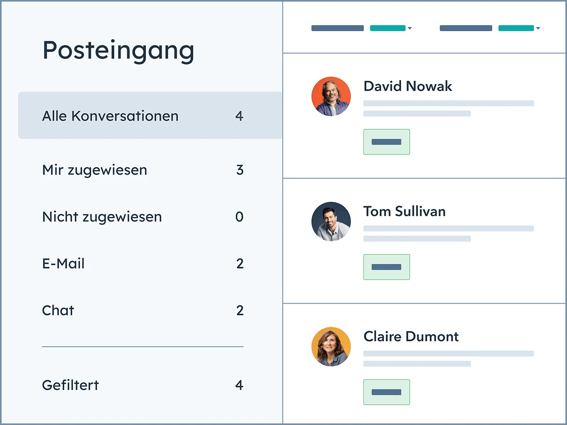 Die HubSpot-Benutzeroberfläche zeigt das gemeinsame Postfach, das alle Kontakt- und Kundenkommunikation aus E-Mails, Chats und Tickets enthält