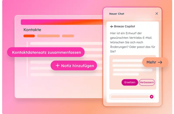 Vereinfachte Benutzeroberfläche, die neben dem Kontaktdatensatz auch die Konversationsschnittstelle von Breeze Copilot zeigt