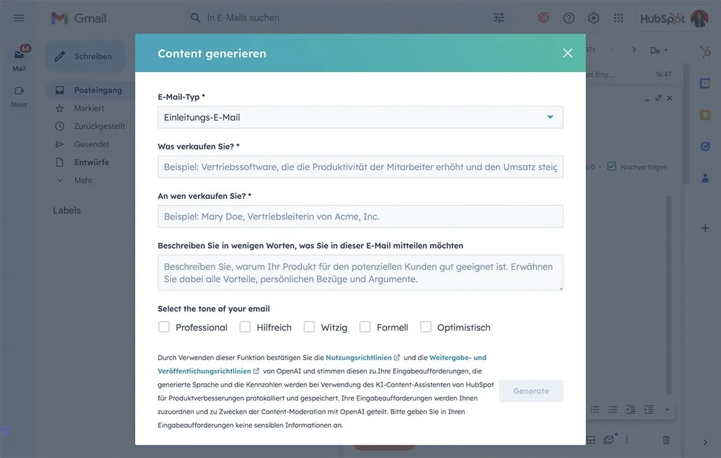Generieren Sie Vertriebs-E-Mails mit dem KI-E-Mail-Generator