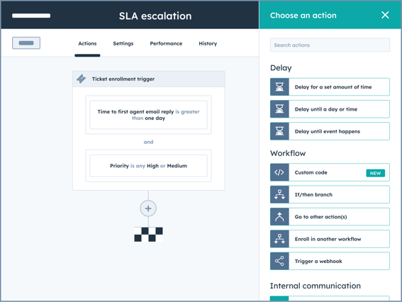 HubSpot UI showing how you can set up automation to trigger actions like ticket enrollment