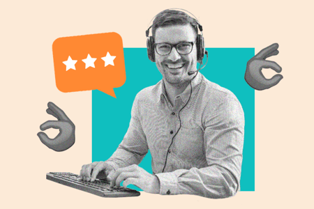 custom graphic of employee with headset smiling at keyboard, importance of customer service