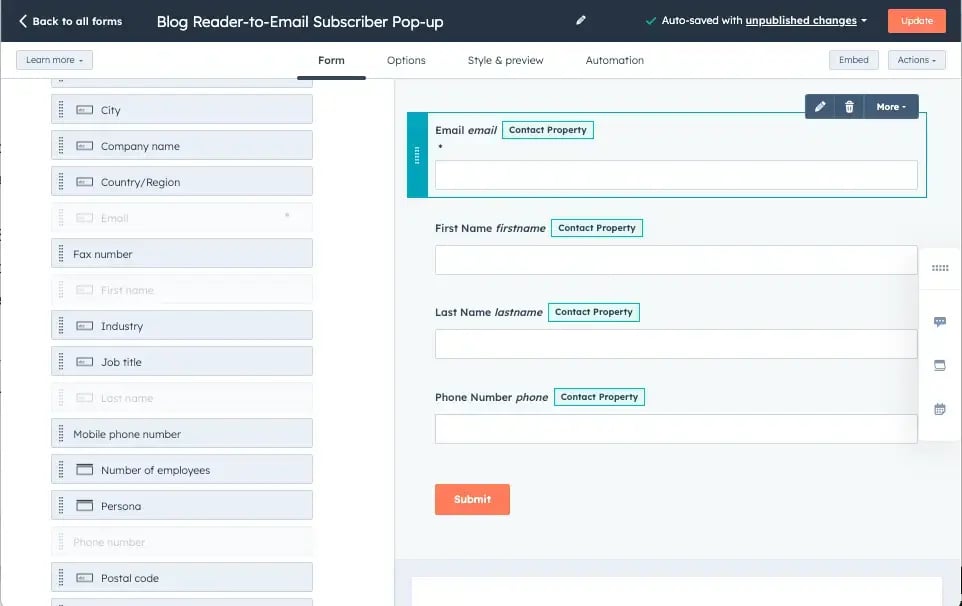 exit intent form setup hubspot