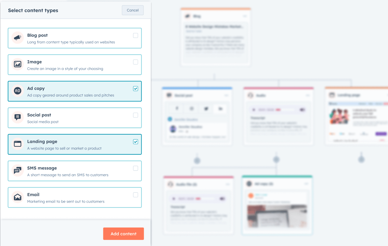 Content remix showing ability to select different content types