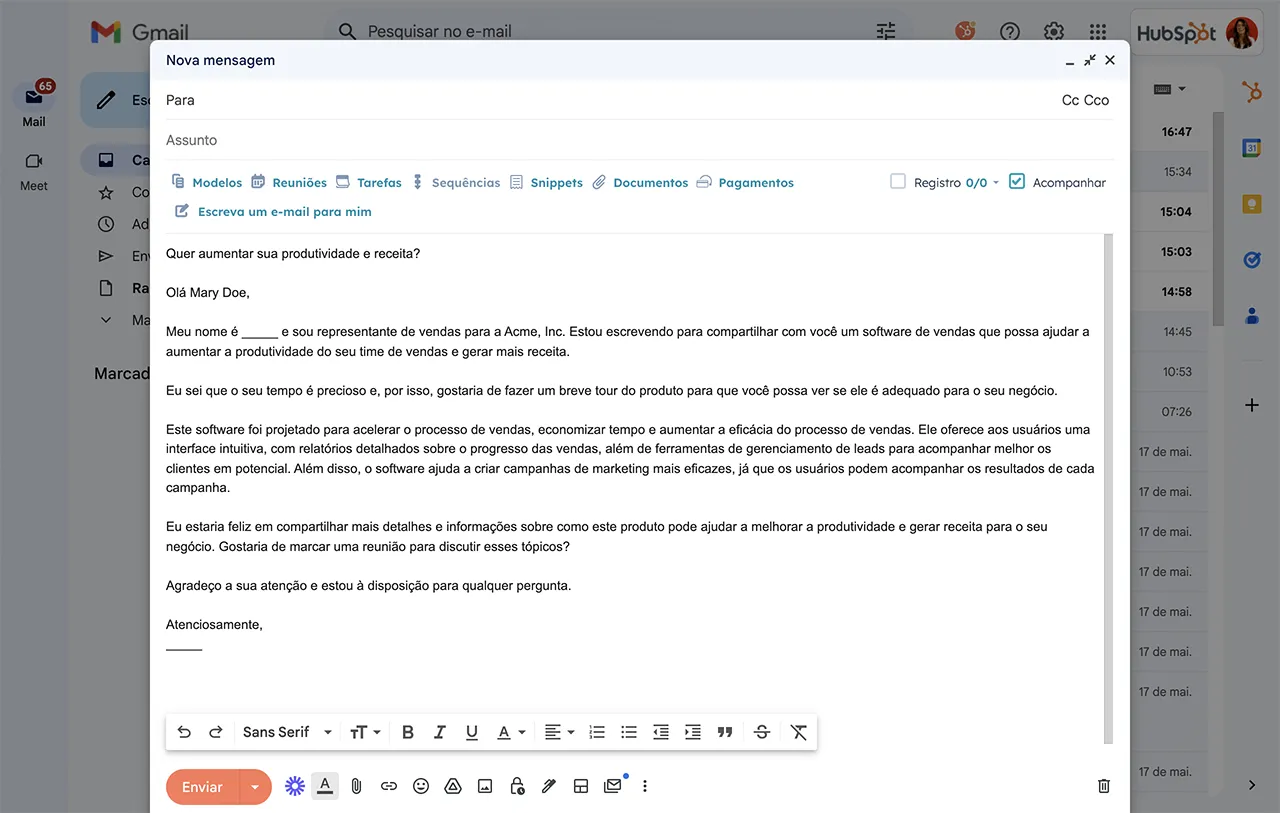 email gerado pela IA da HubSpot na caixa de entrada 