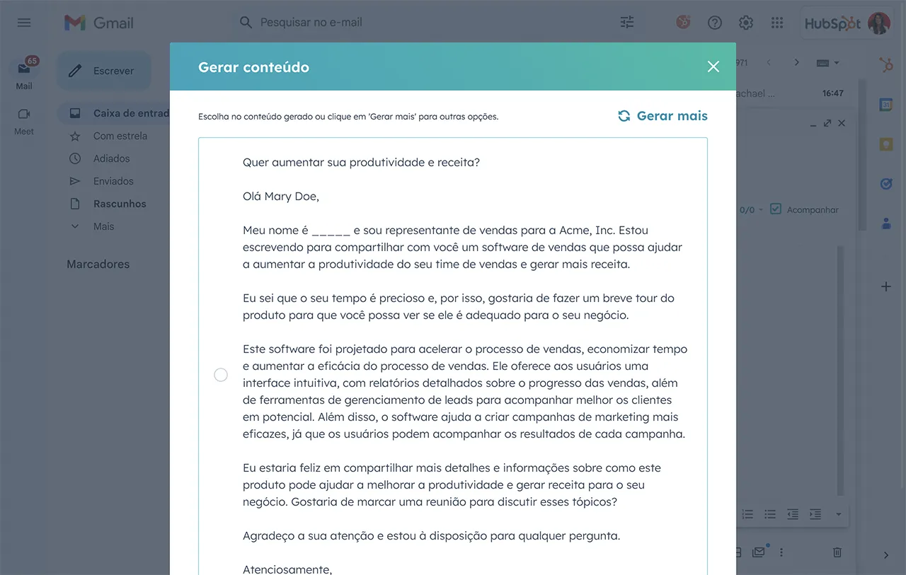 e-mail gerado por IA da HubSpot para campanha de vendas 