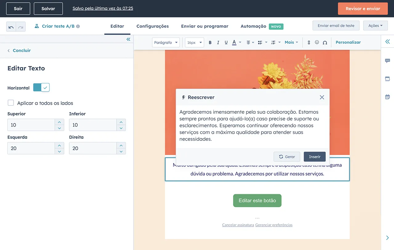 escritor de e-mails com IA da HubSpot reescreve um e-mail marketing