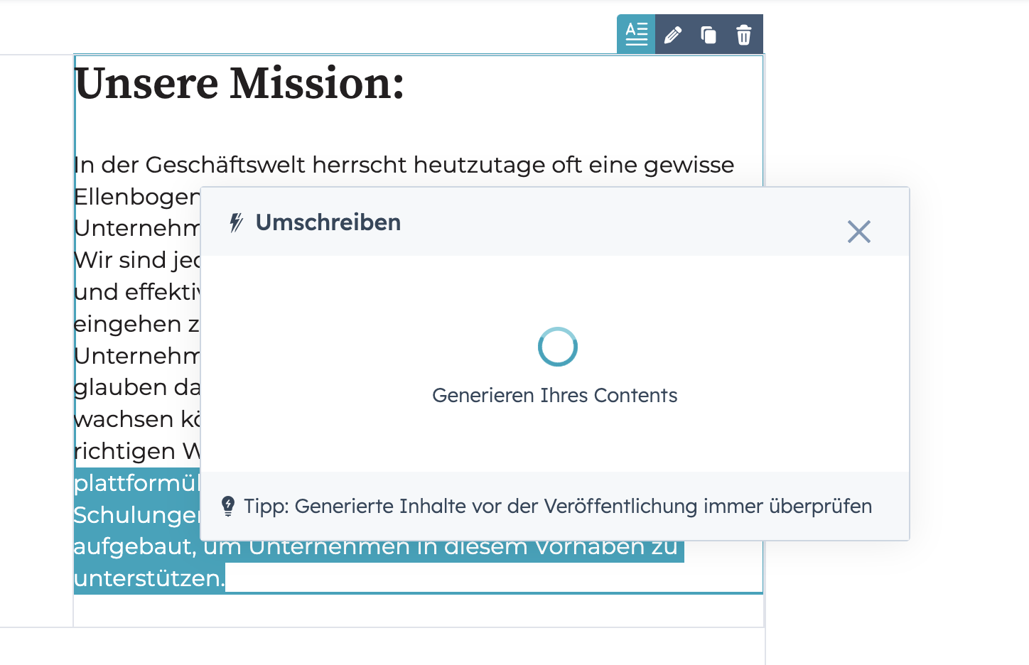 HubSpot KI schreibt einen Absatz neu