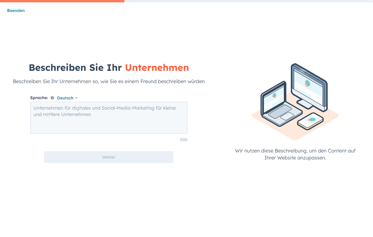 Textfeld im KI-Website-Generator von HubSpot zur Beschreibung eines Unternehmens