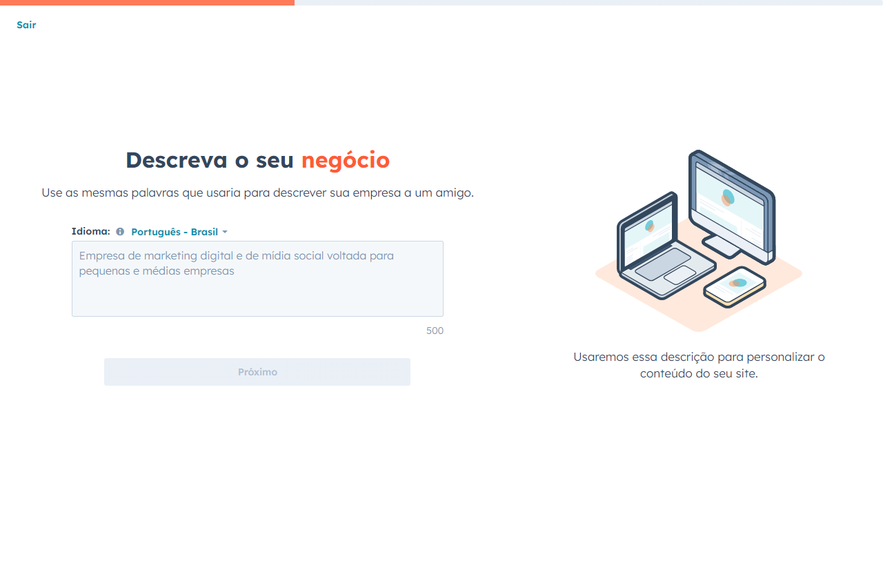 Gerador de sites com IA da HubSpot mostrando um campo de texto para descrever seu negócio.