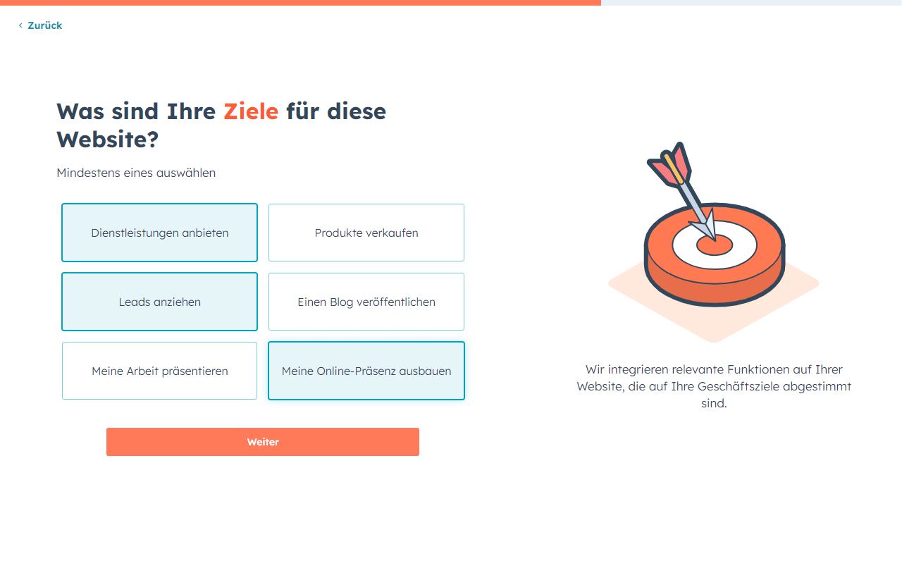 KI-Website-Generator von HubSpot zeigt die Auswahl von Zielen für eine Website