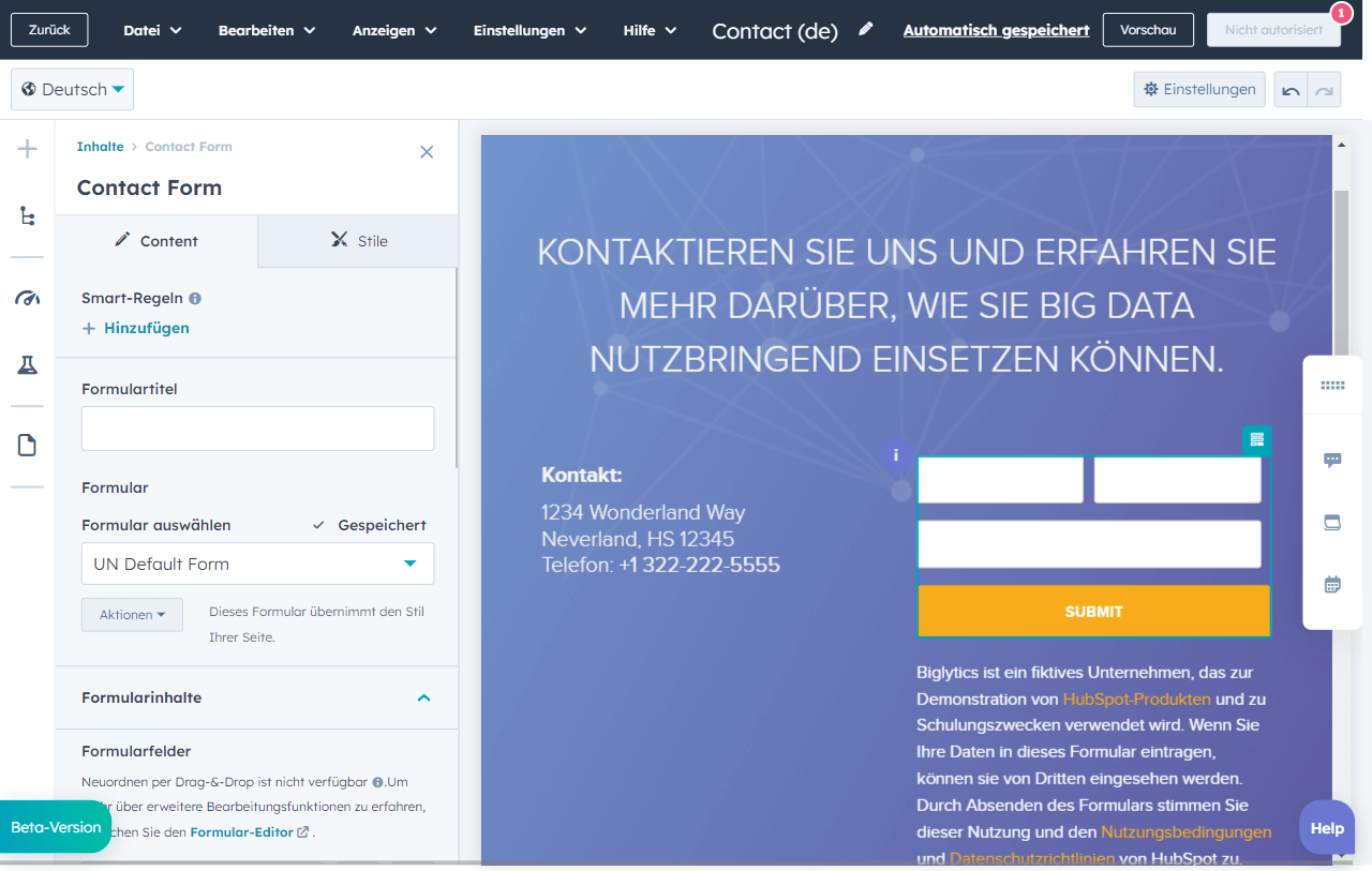 Beispiel eines Kontaktformulars auf einer Website, die mithilfe des KI-Website-Generators erstellt wurde