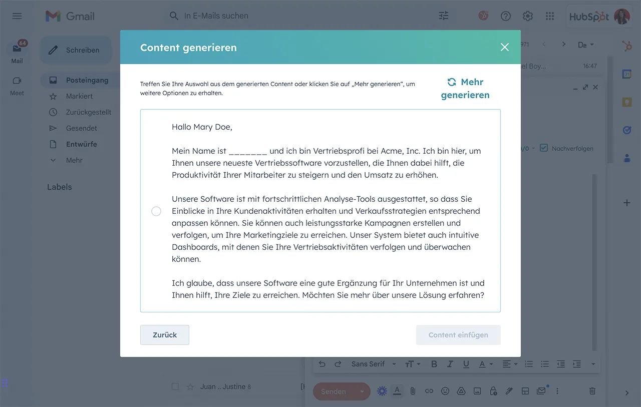 Von einer KI von HubSpot generierte E-Mail zur Kundenansprache