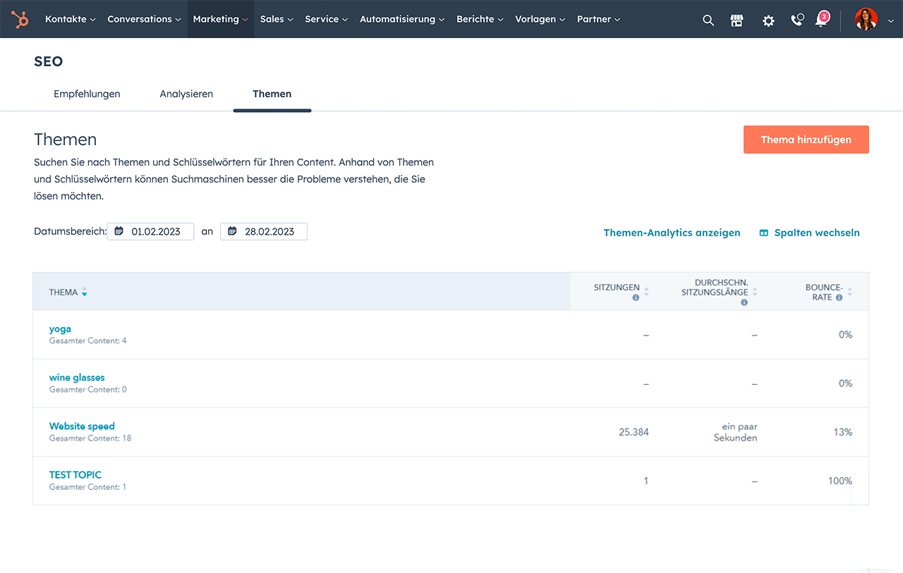 Benutzeroberfläche für Themenempfehlungen der SEO-Software von HubSpot