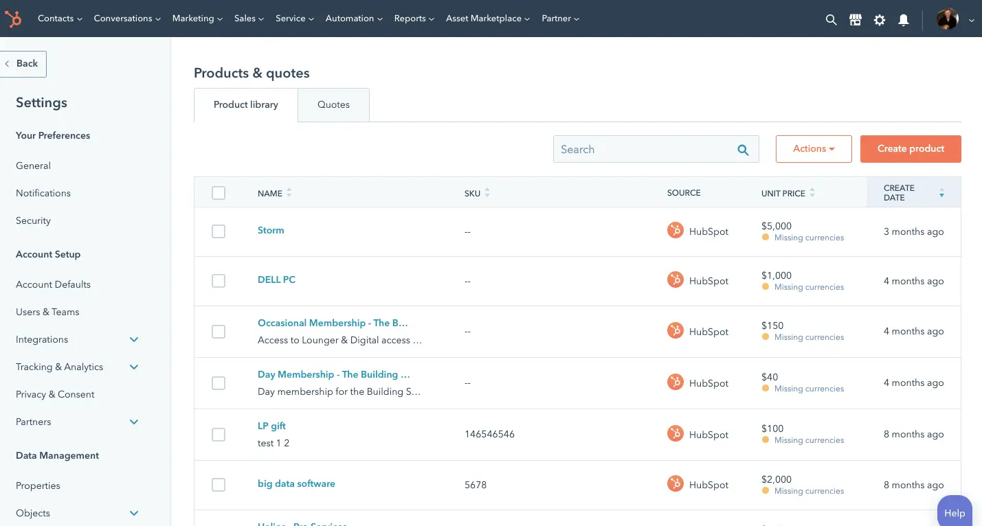 HubSpot's CPQ user interface showing the product library