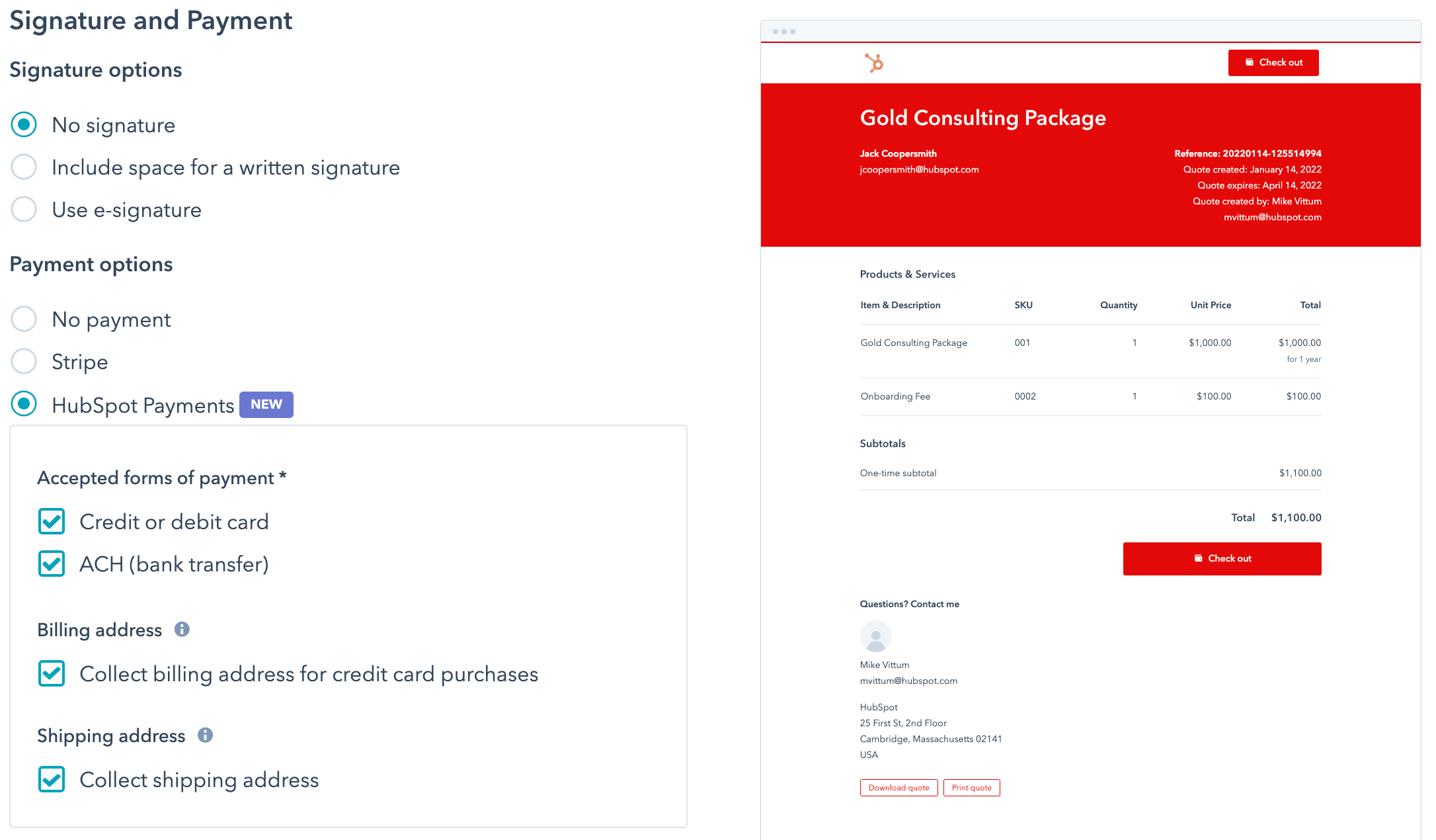 HubSpot's CPQ user interface showing CRM-powered payments