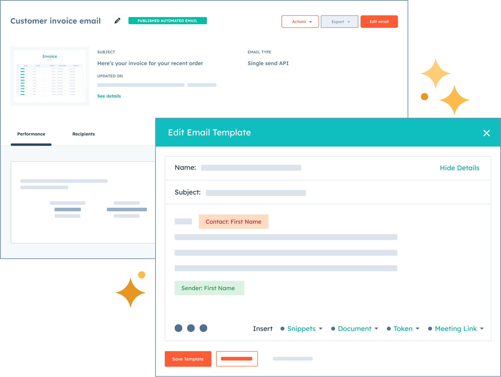 Illustration showing how to edit a template for a customer invoice email