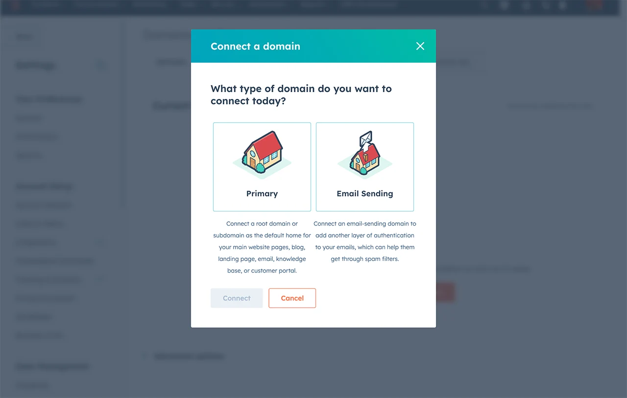 HubSpot interface showing options to connect a primary domain or an email sending domain
